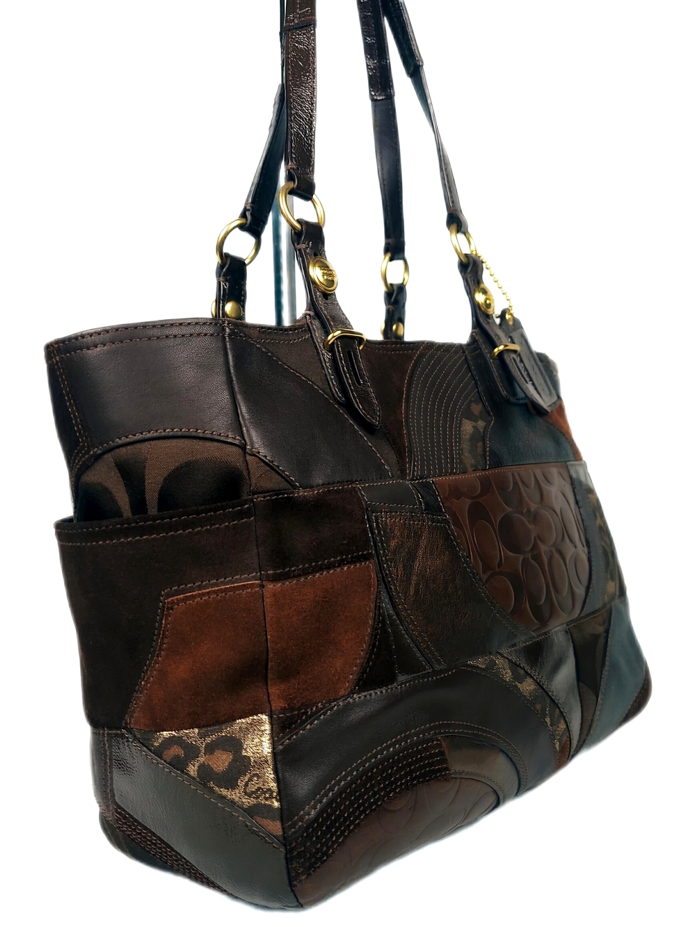 COACH 2 Pc SET/Leather&Canvas Patchwork Tote and Wallet in Shades of Brown - Picture 2 of 7